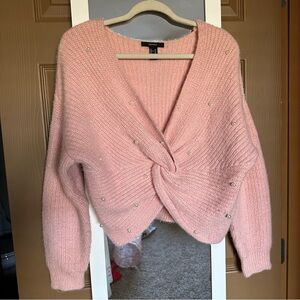 Pink Cropped Sweater with Pearls